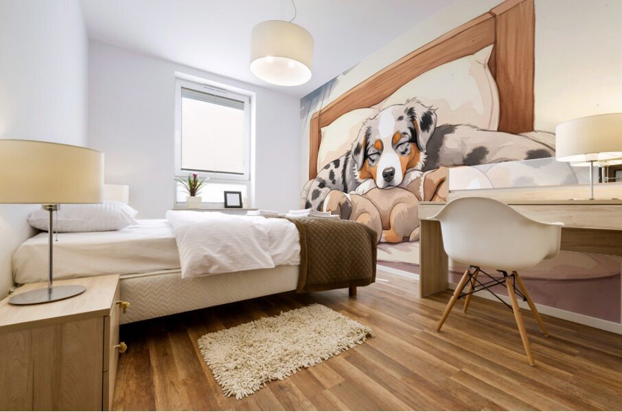 Sleepy Australian Shepherd Puppy Rests After Storm Impression murale