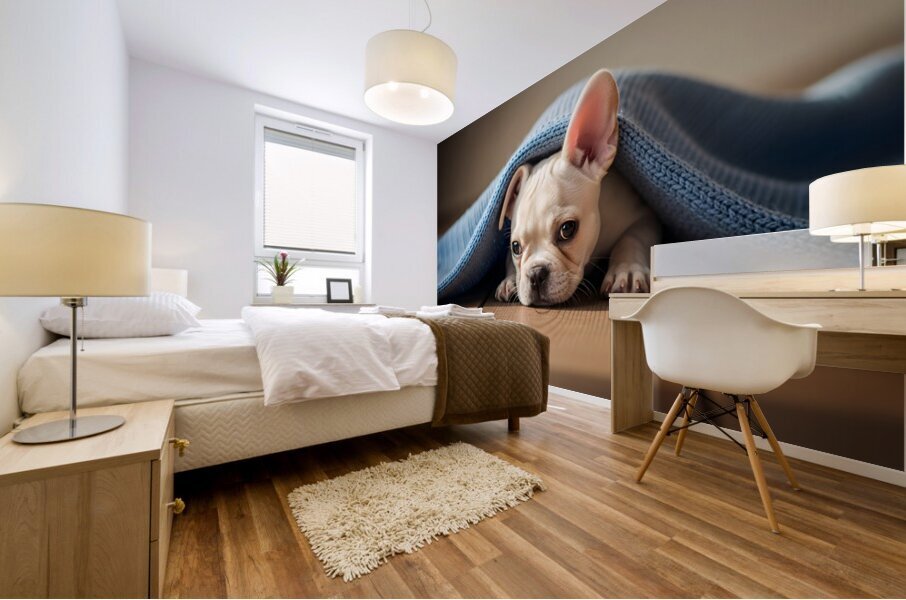 French Bulldog Puppy Discovers Cozy Blanket Adventure Mural print
