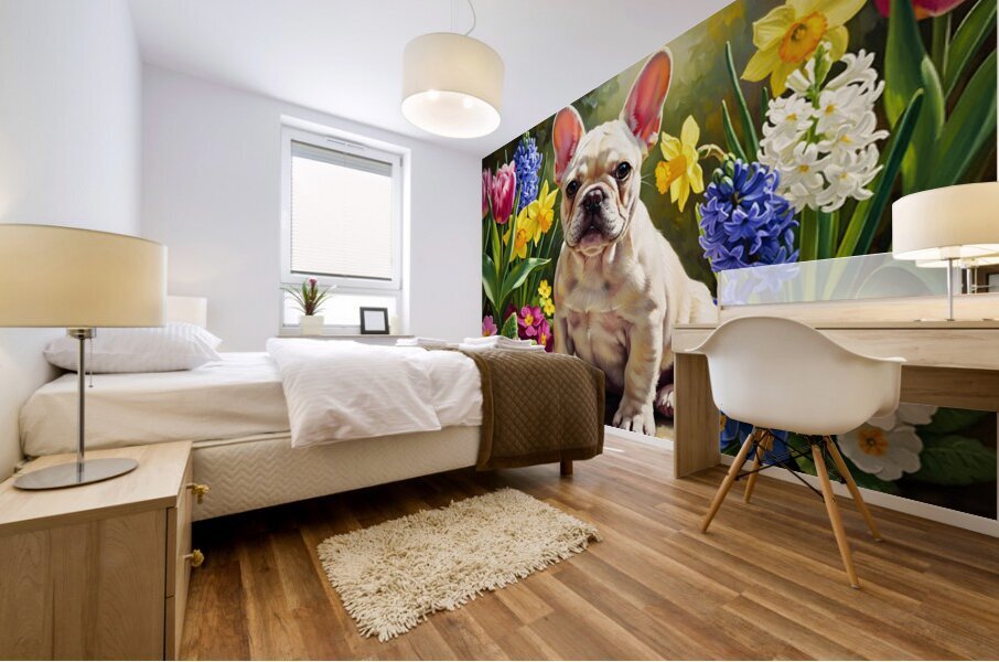 Happy French Bulldog Puppy Rests Among Spring Blooms Mural print