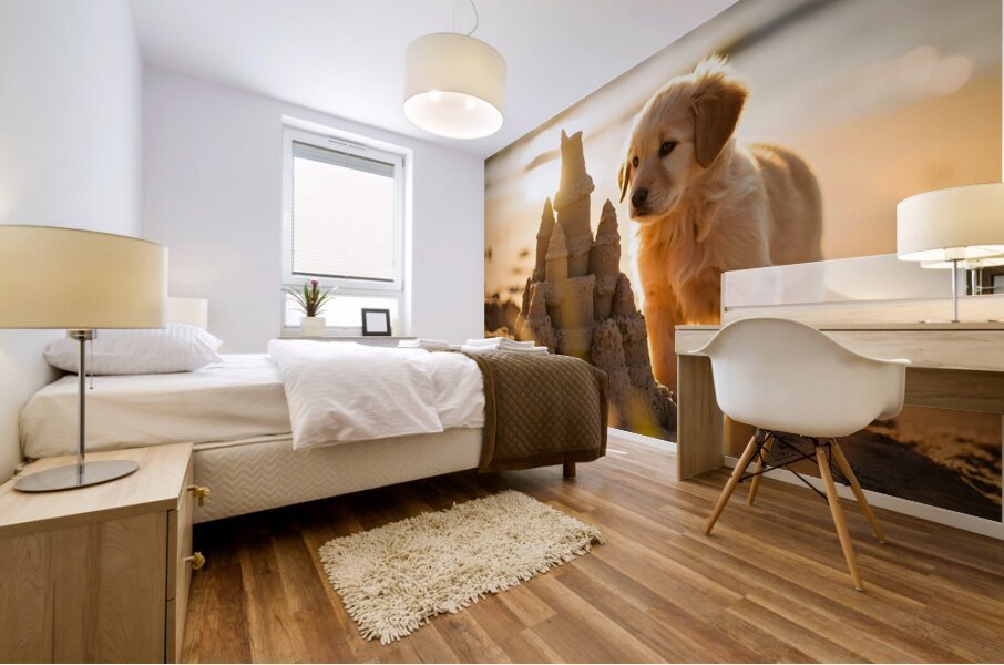 Golden Retriever Puppy Discovers Amazing Sand Castle Mural print