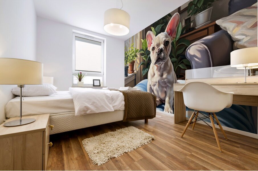 French Bulldog Puppy Sits Alert On Blue Cushion Impression murale