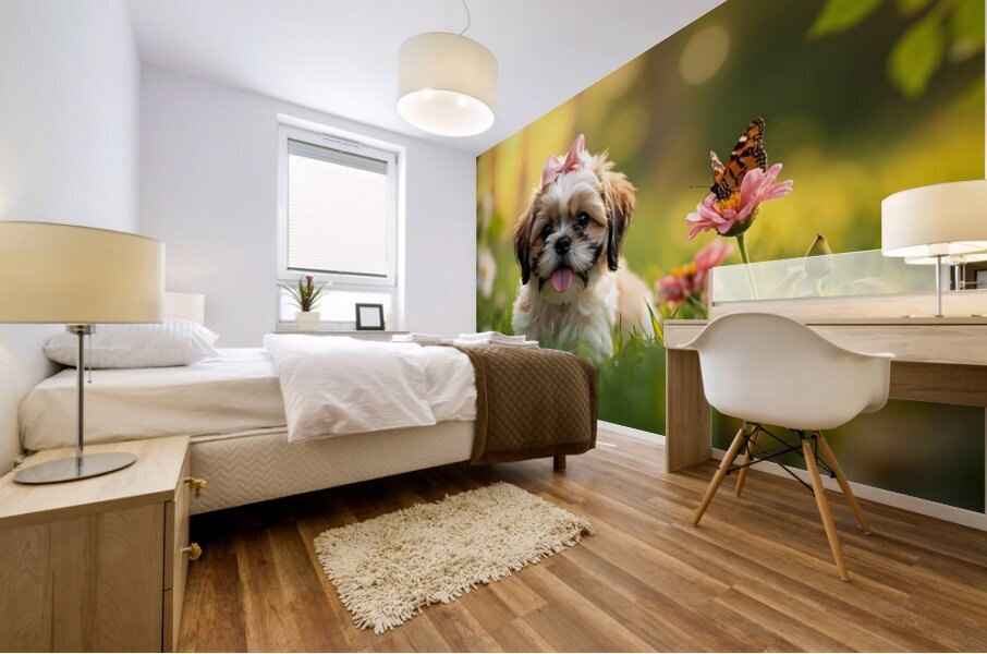 Content Shih Tzu Puppy Watches Butterfly Fly Away Mural print
