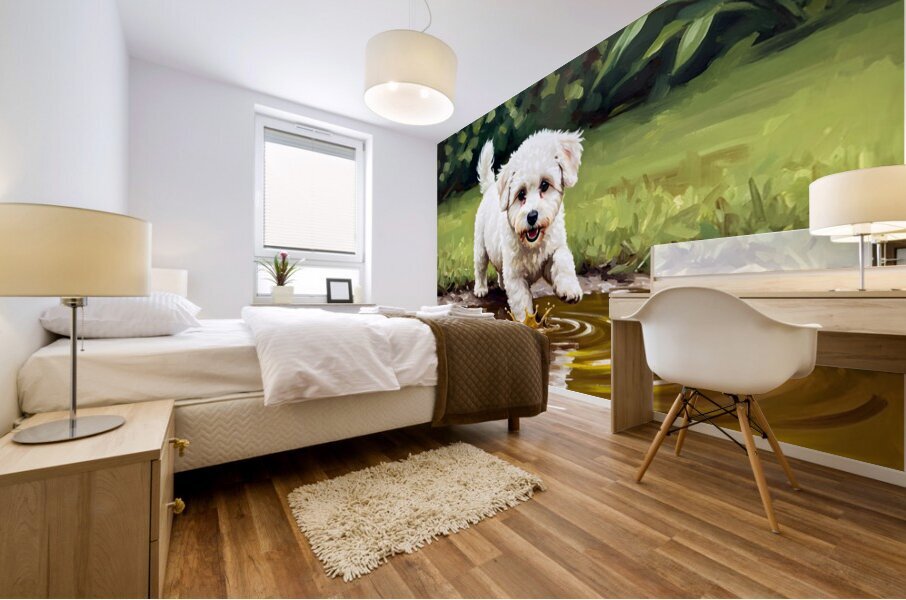 Bichon Frise Puppy Discovers Muddy Puddle Impression murale