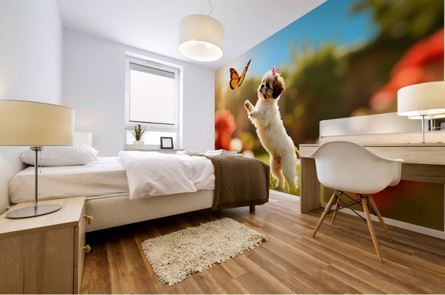 Shih Tzu Puppy Discovers Beautiful Butterfly In Garden Impression murale