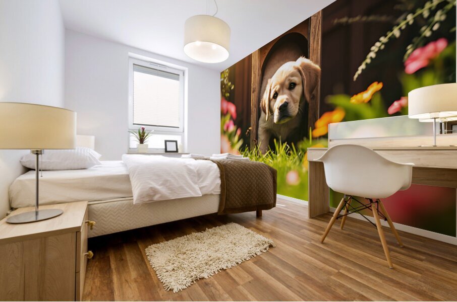 Happy Puppy Celebrates His Cat Flap Adventure Impression murale