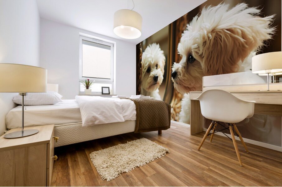 Happy Bichon Frise Puppy Wags At His Reflection Mural print