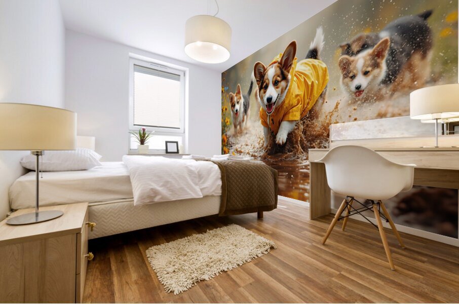 Corgi Puppy Ready For Rainy Day Adventure Impression murale