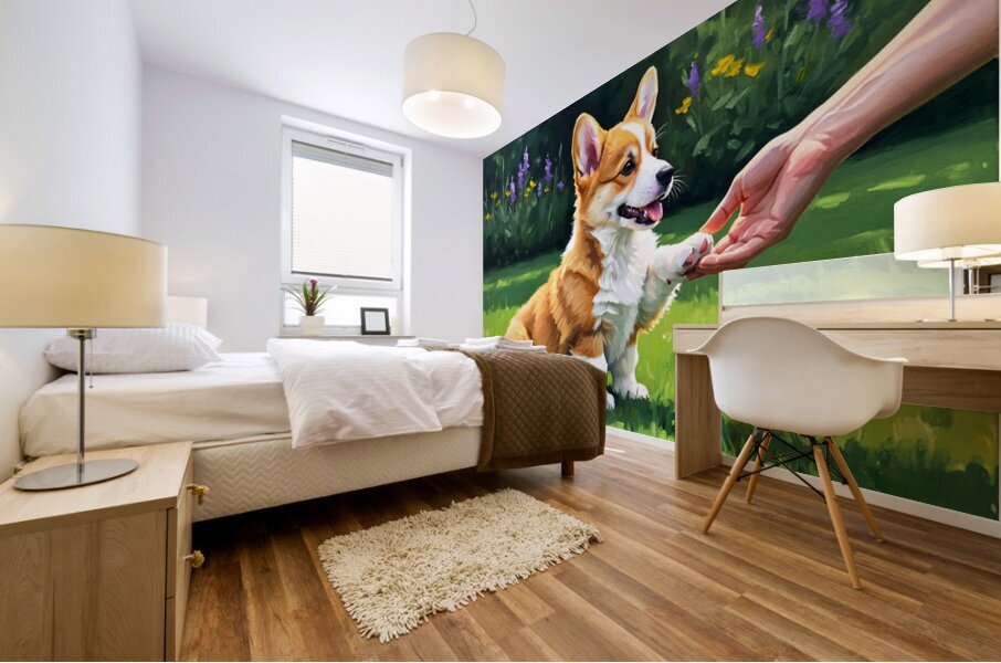 Pembroke Welsh Corgi Puppy Discovers New Hand Game Mural print