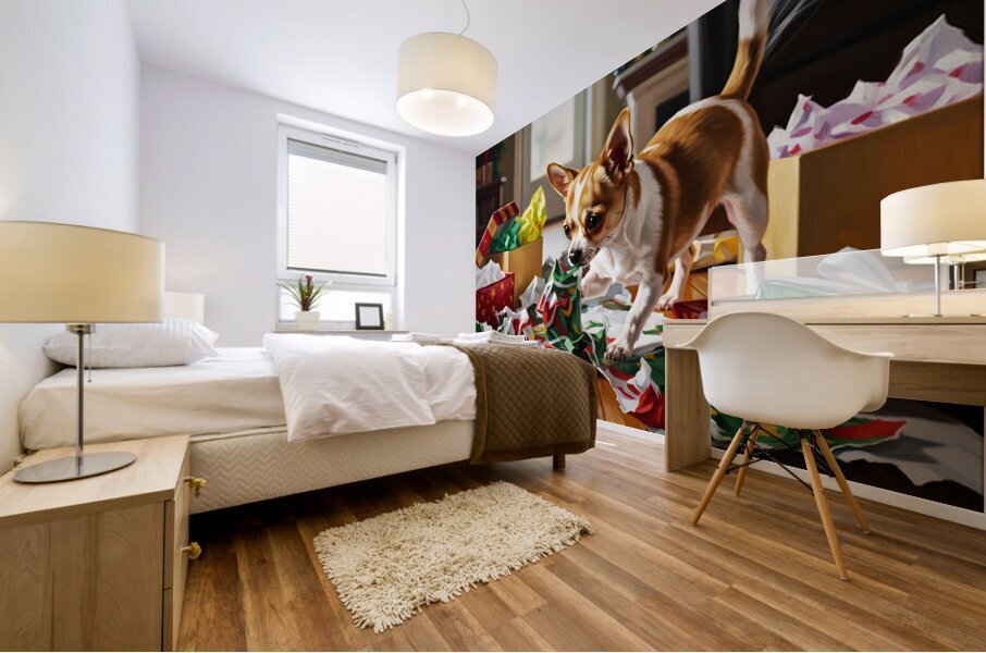 Chihuahua Puppy Discovers Christmas Morning Surprises Impression murale