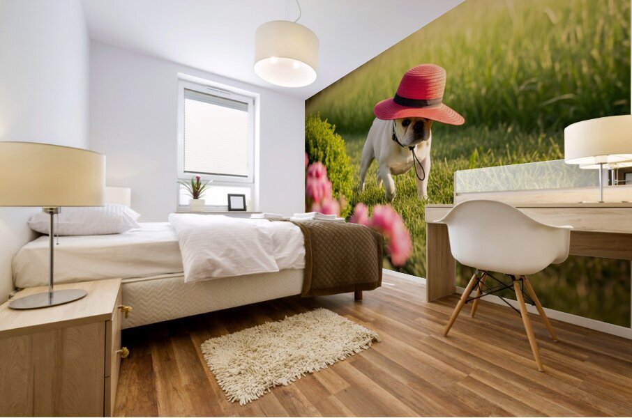 French Bulldog Puppy Discovers A Big Red Hat Impression murale