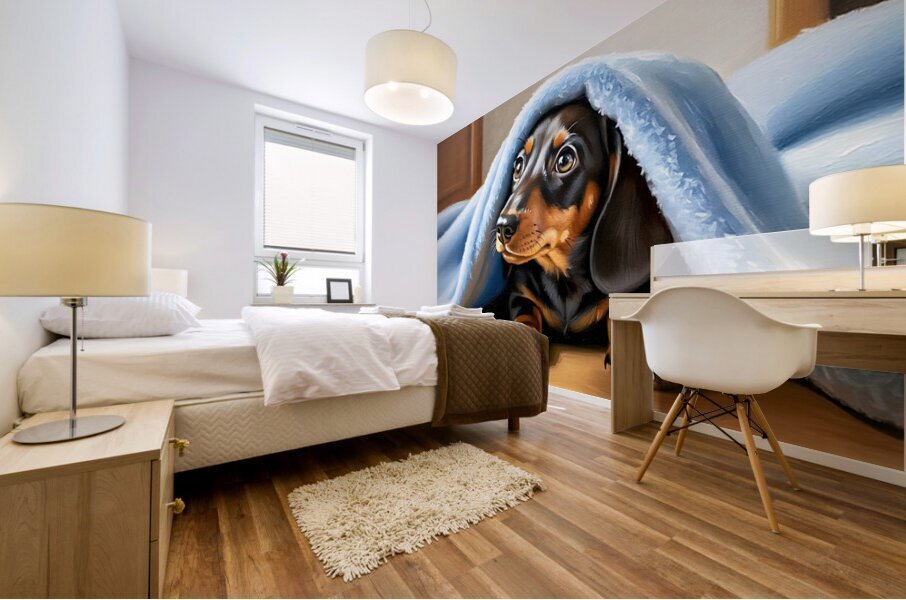 Dachshund Puppy Finds Perfect Hiding Spot Under Blanket Mural print