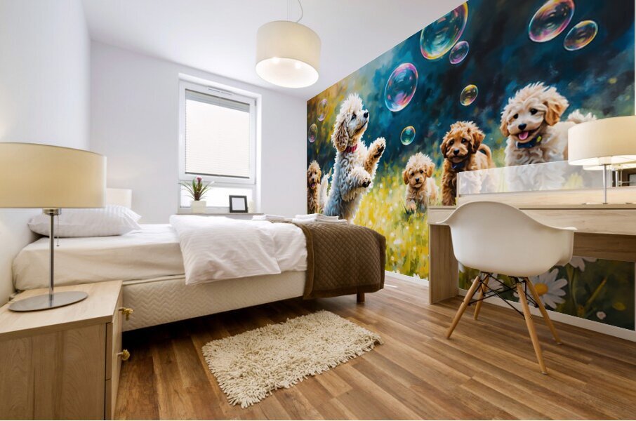Poodle Puppy Discovers Magical Floating Bubbles Mural print