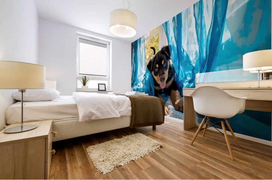 Brave Rottweiler Puppy Sits Confidently By Green Curtains Impression murale
