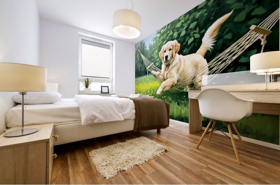 Golden Retriever Puppy Discovers Tiny Hammock In Garden Mural print
