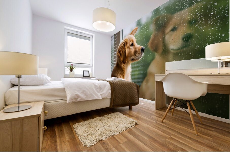 Peaceful Golden Retriever Puppy Rests By Rainy Window Mural print