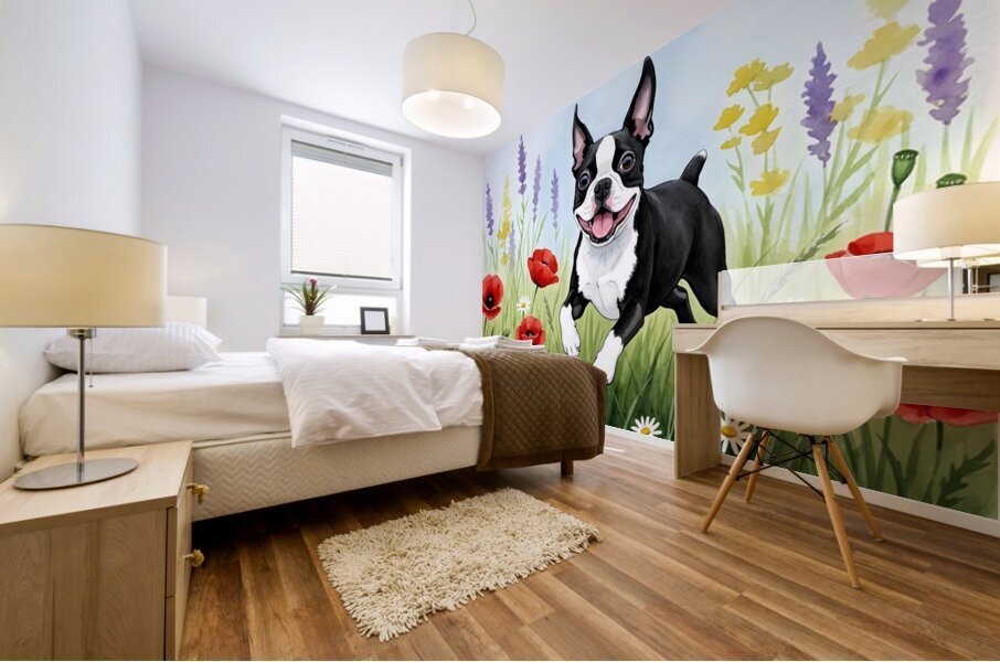 Boston Terrier Puppy Discovers Wildflower Meadow Impression murale