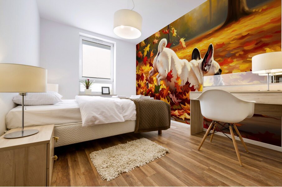 French Bulldog Puppy Discovers Autumn Leaf Pile Impression murale