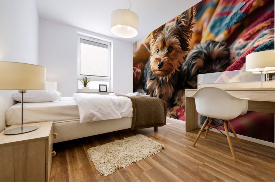 Yorkshire Terrier Puppy Sleeps Peacefully In Blankets Mural print