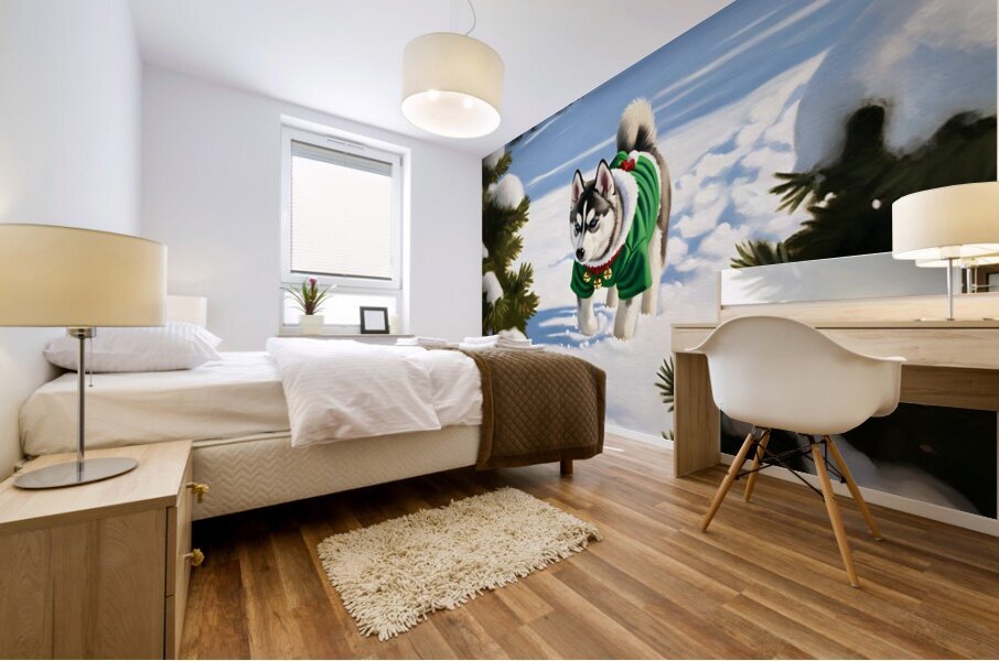 Siberian Husky Puppy In Red Holiday Costume Indoors Impression murale