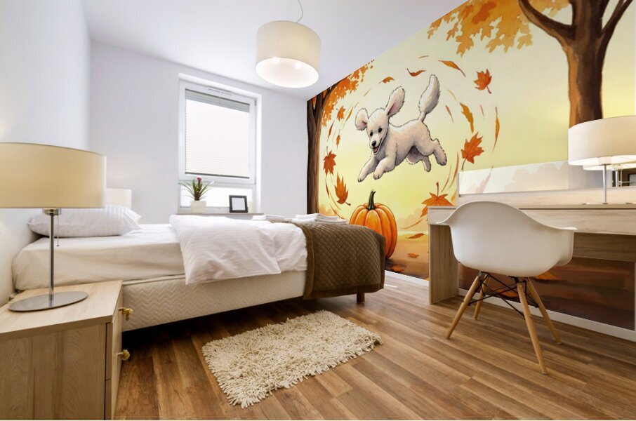 Poodle Puppy Rests After Pumpkin Patch Adventure Mural print