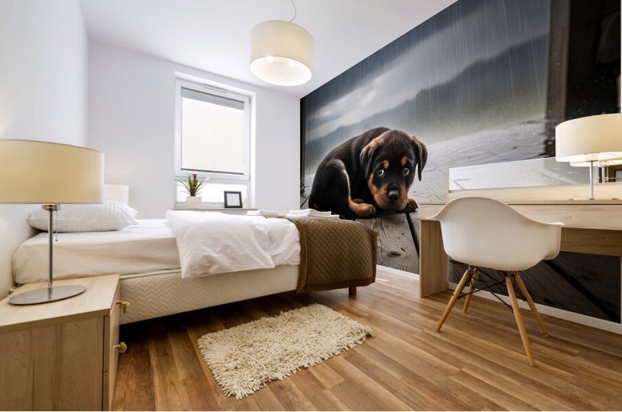 Rottweiler Puppy Seeks Shelter From Heavy Rain Mural print