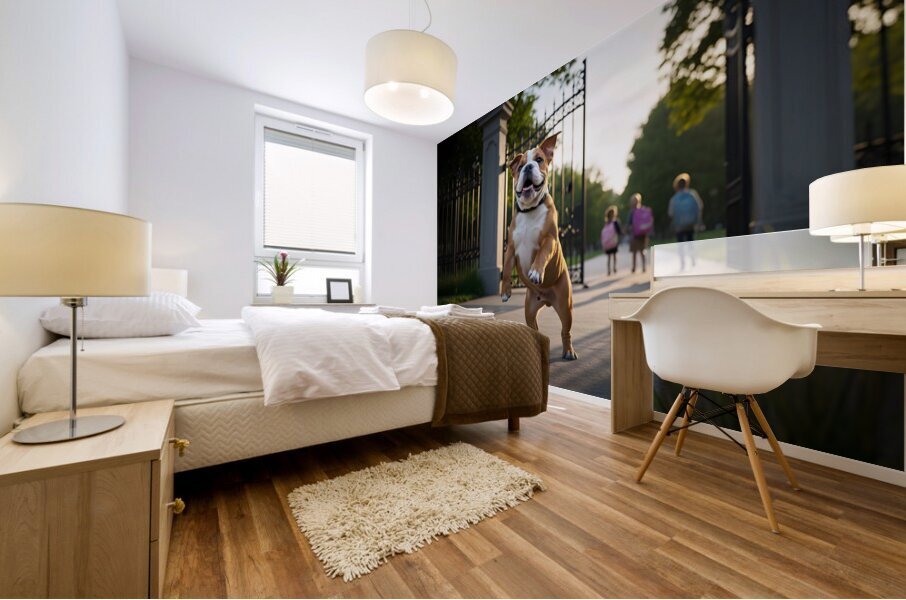 Bulldog Puppy Jumps With Joy At School Gate Impression murale