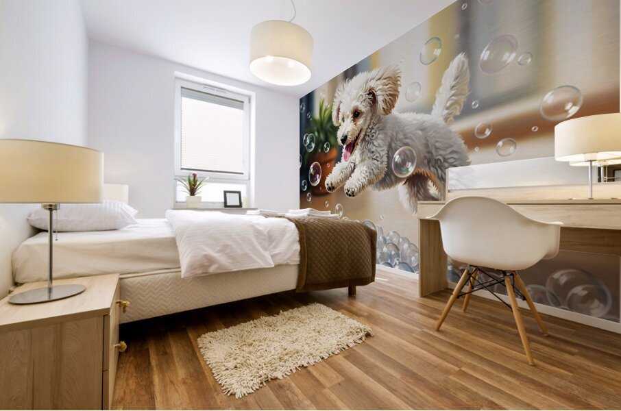 Poodle Puppy Discovers Bath Bubbles Impression murale