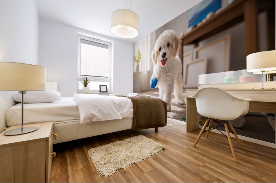 Poodle Puppy Discovers Colorful Paint Containers Mural print