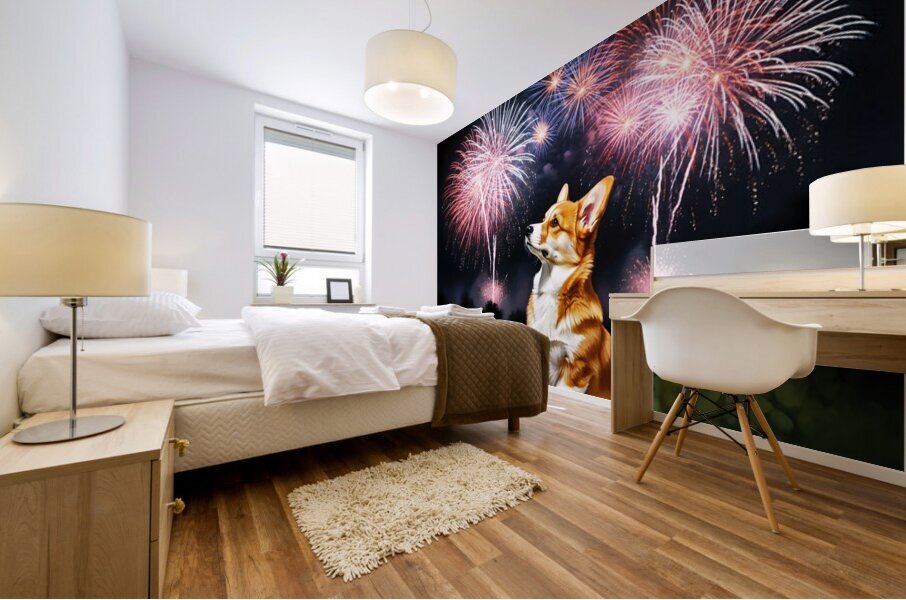 Happy Corgi Puppy Wags Tail After Fireworks End Mural print