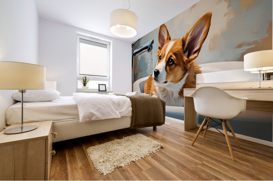 Nervous Corgi Puppy Waits In Bathroom Sink Impression murale