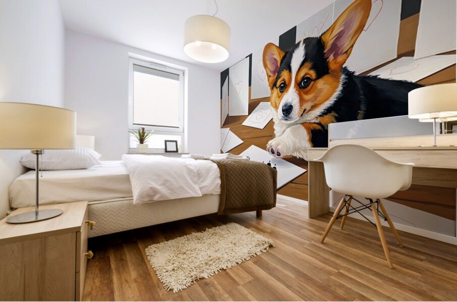 Proud Corgi Puppy Shows Off Signed Cards Collection Mural print