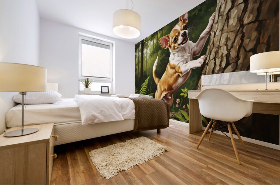 Chihuahua Puppy Spots Squirrel In Tree Mural print