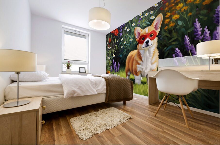 Corgi Puppy Discovers Superhero Mask In Bedroom Mural print