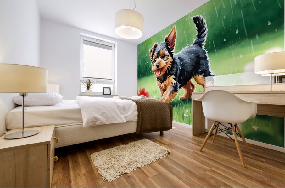 Content Yorkshire Terrier Puppy Rests After Raindrop Adventure Mural print