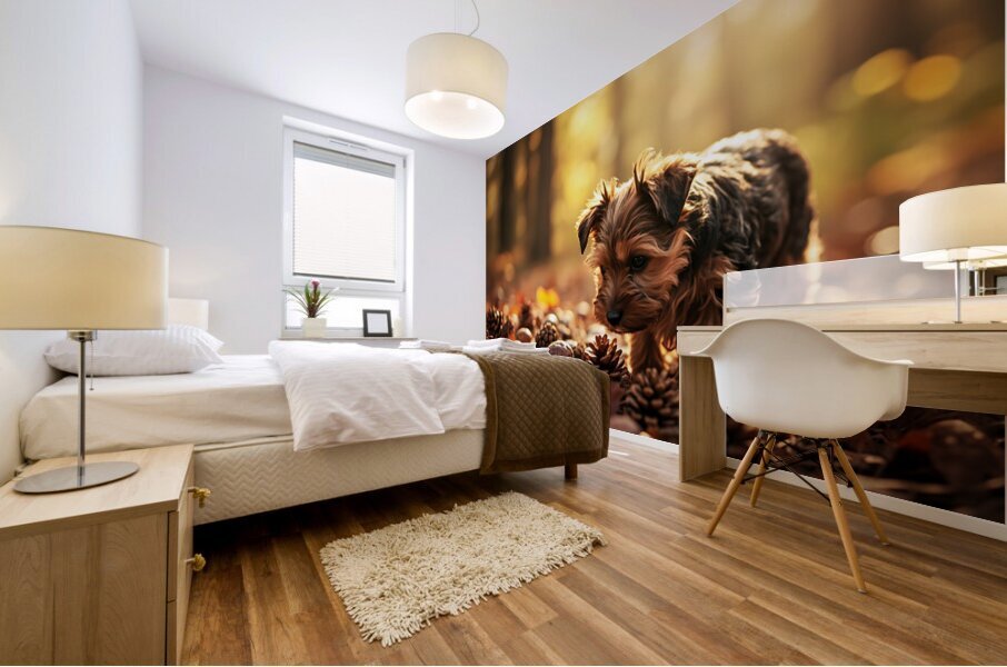 Yorkshire Terrier Puppy Discovers Cinnamon Sticks Impression murale