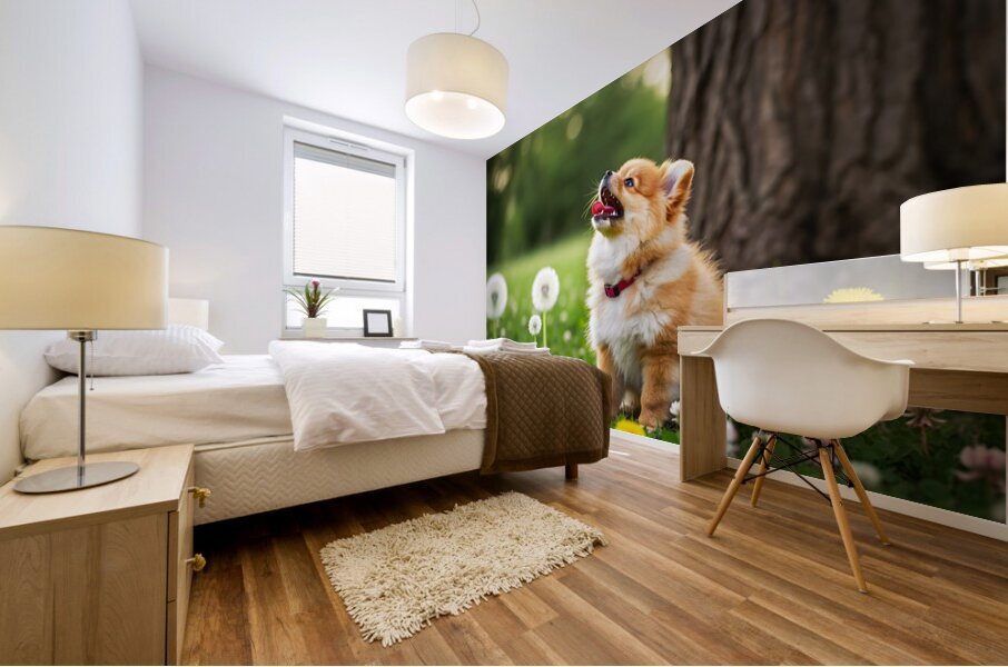 Playful Pomeranian Puppy Finds New Fun Around The Tree Mural print