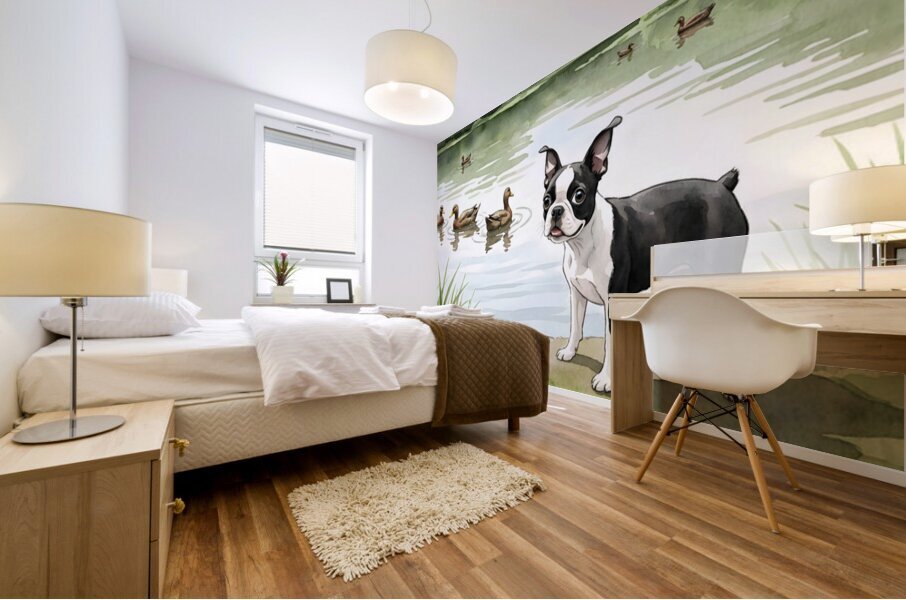 Boston Terrier Puppy Discovers A Peaceful Pond Mural print