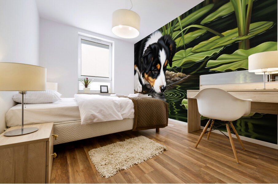 Australian Shepherd Puppy Discovers A Quiet Pond Mural print