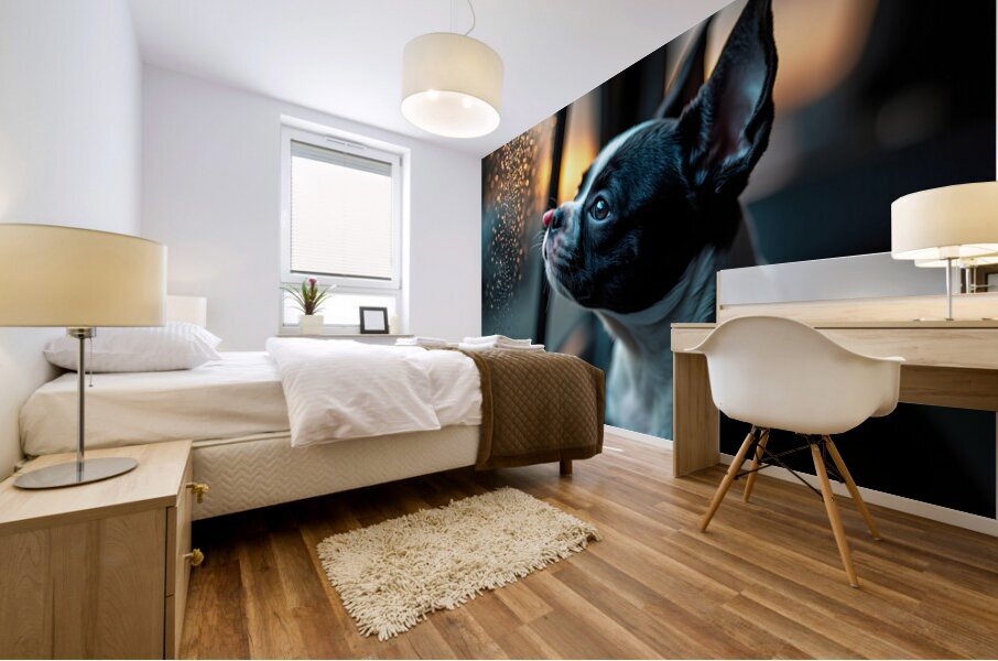 Boston Terrier Puppy Watches Rain From Car Window Mural print