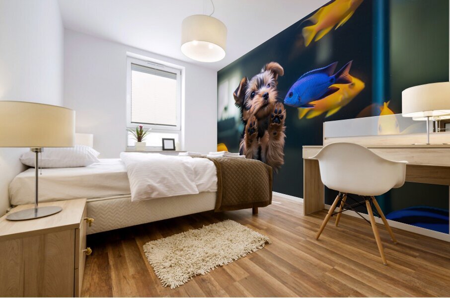 Yorkshire Terrier Puppy Discovers Amazing Aquarium World Impression murale