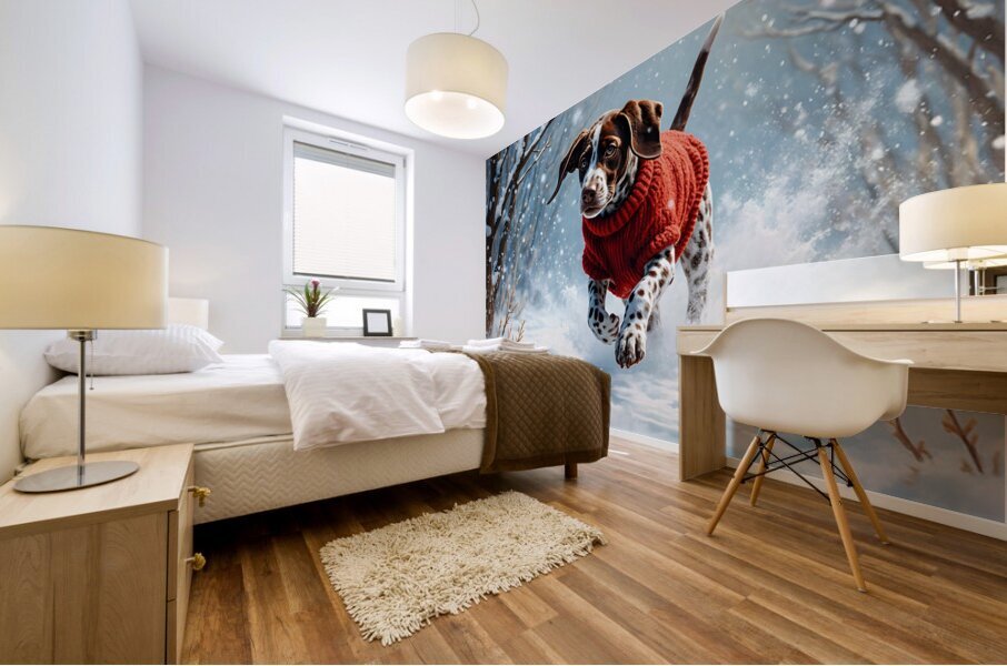 Sleepy Puppy Rests After Snow Adventure In Sweater Impression murale