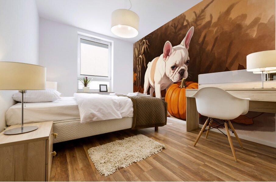 French Bulldog Puppy Discovers Autumn Pumpkin Patch Mural print