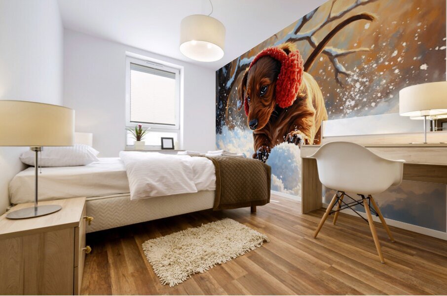 Dachshund Puppys First Snowy Adventure With Earmuffs Impression murale