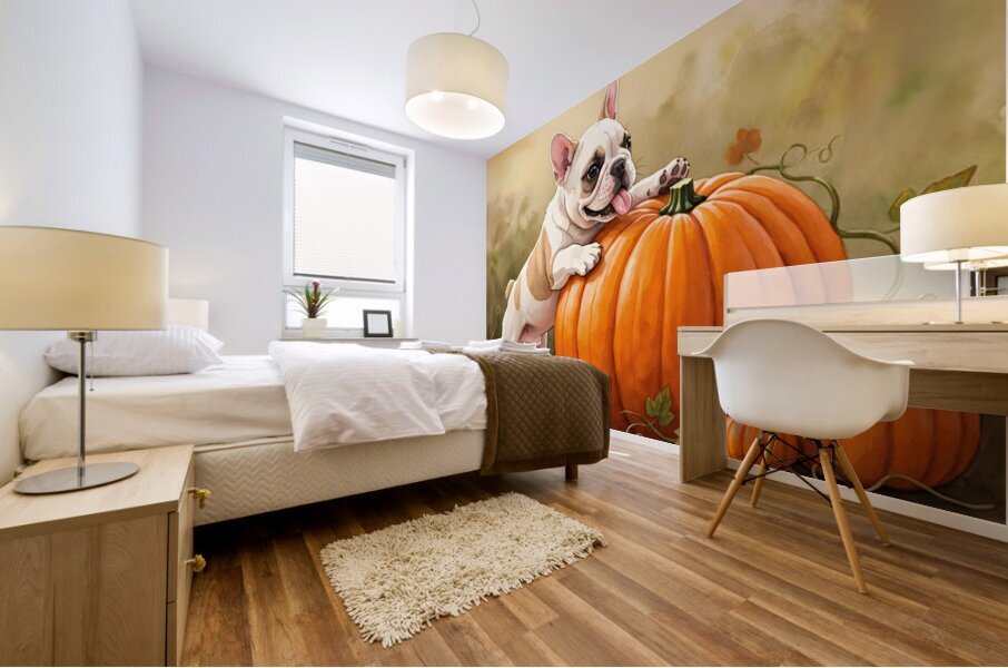 Happy French Bulldog Puppy Rests In Pumpkin Patch Mural print