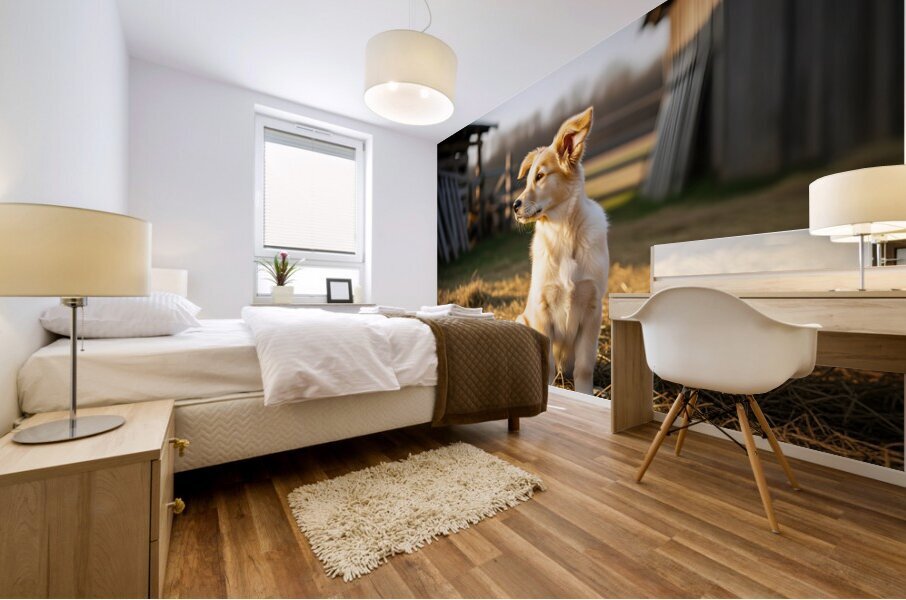 Sleepy Golden Retriever Puppy Rests In Cozy Haystack Impression murale