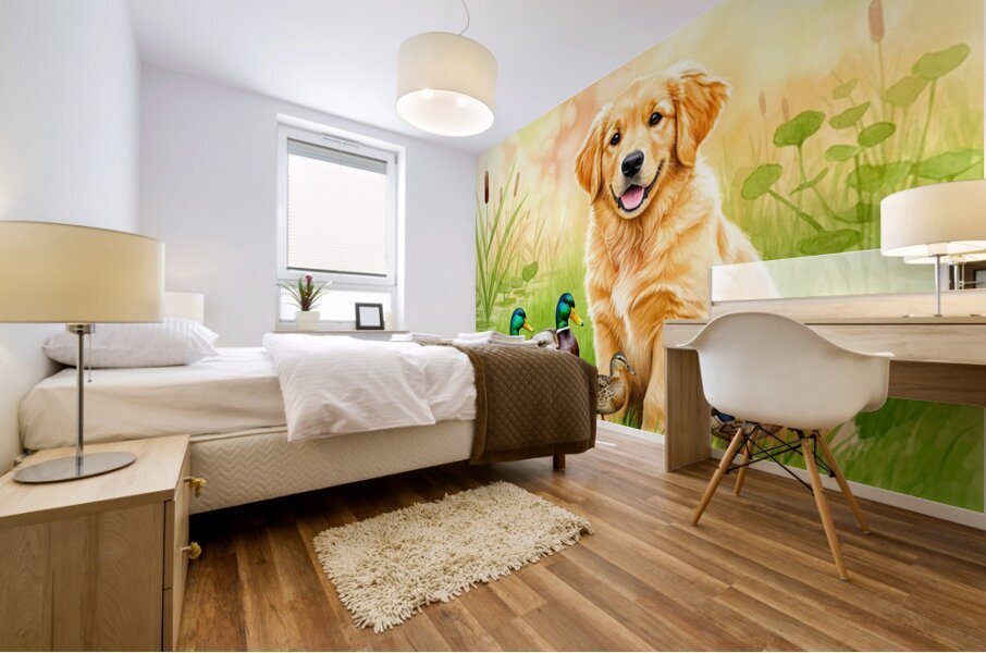 Golden Retriever Puppy Discovers The Pond Mural print