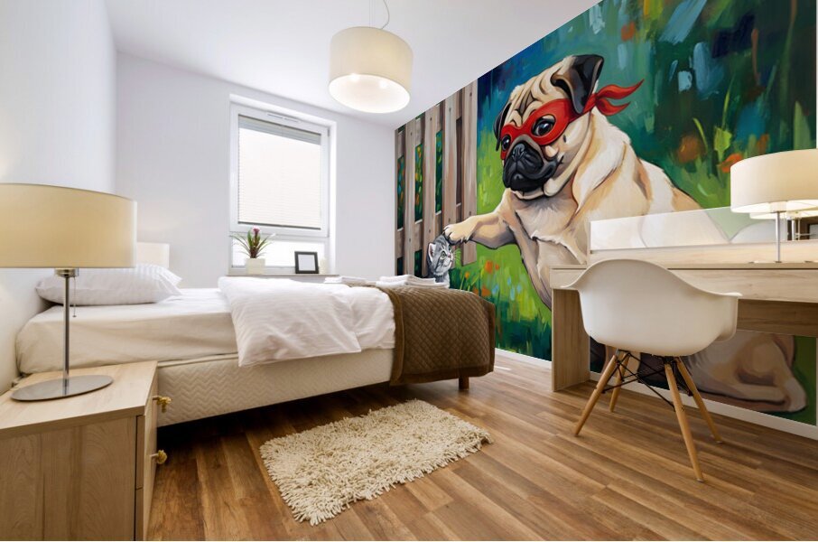 Pug Puppy Superhero Rests After Heroic Day Mural print