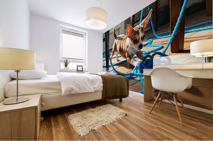 Chihuahua Puppy Discovers Yarn Ball Mural print