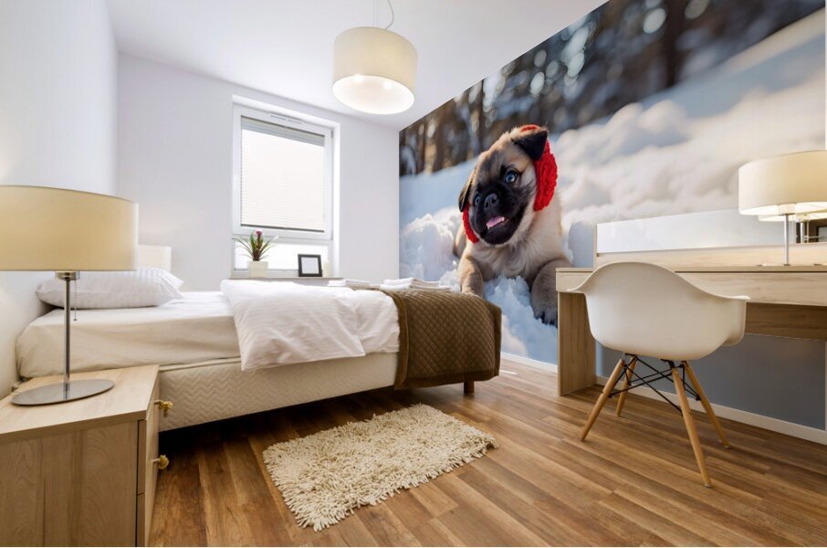 Content Pug Puppy Resting After Snow Day Adventure Mural print