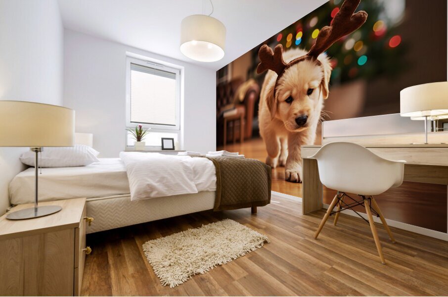 Confused Labrador Puppy With Reindeer Antlers Indoors Mural print